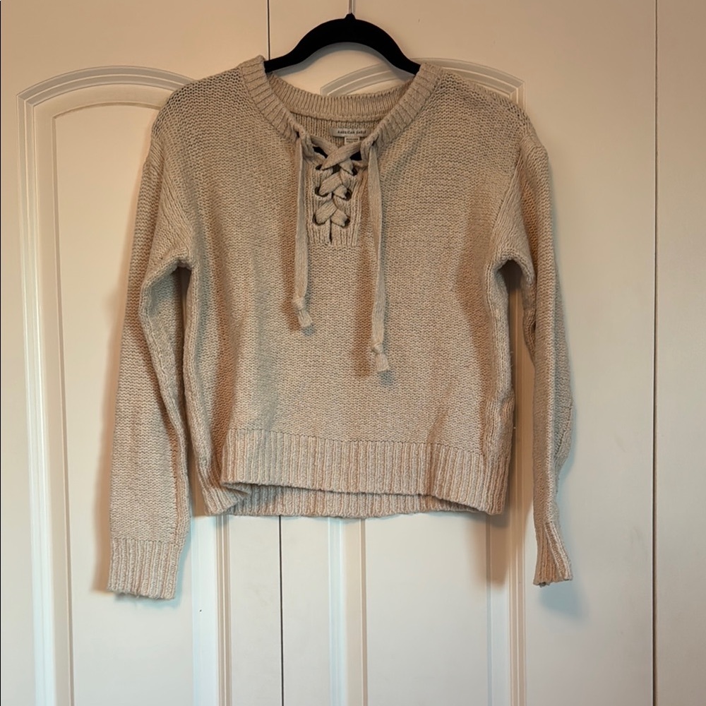 American Eagle Beige Lace-Up Knit Sweater